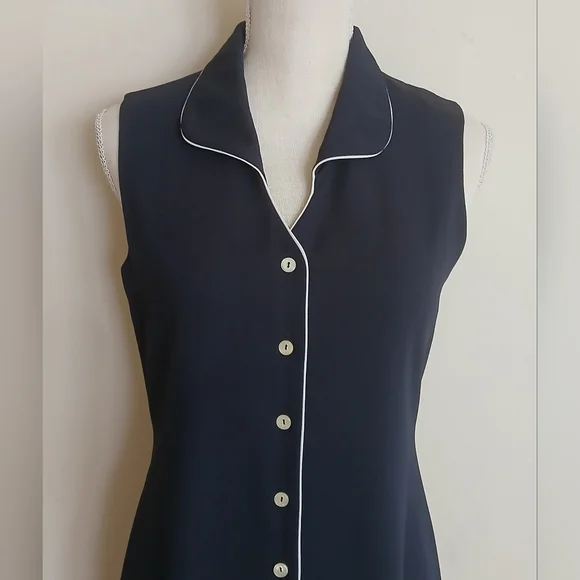 Donna Ricco New York Vintage Petite Navy Blue Sleeveless Button Down Dress - Picture 2 of 7